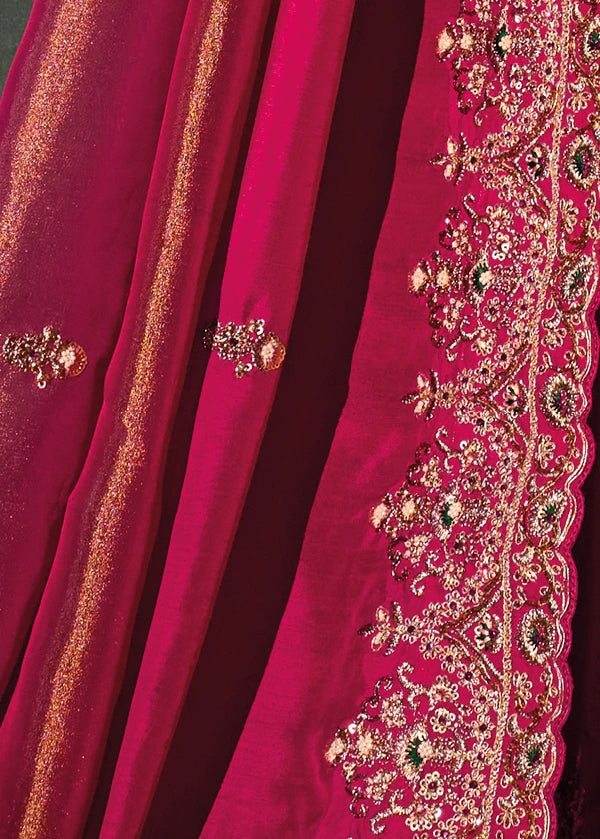 Rani Pink & Golden Kanjivaram Silk Embroidered Saree With Dupatta