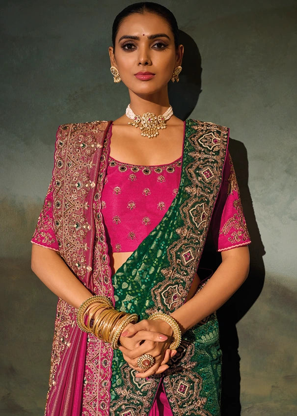 Rani Pink & Golden Kanjivaram Silk Embroidered Saree With Dupatta