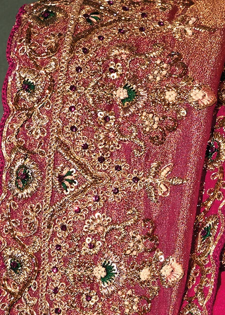 Rani Pink & Golden Kanjivaram Silk Embroidered Saree With Dupatta