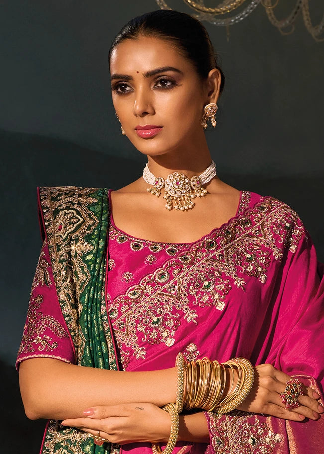 Rani Pink & Golden Kanjivaram Silk Embroidered Saree With Dupatta