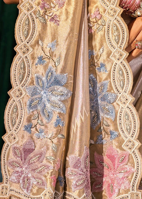Cream & Golden Kanjivaram Silk Embroidered Saree
