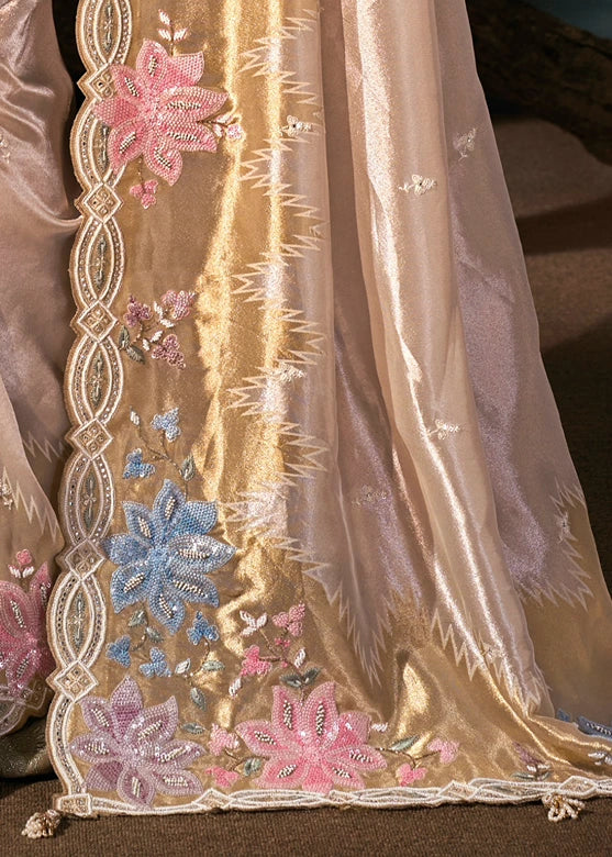 Cream & Golden Kanjivaram Silk Embroidered Saree