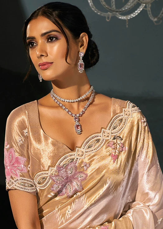 Cream & Golden Kanjivaram Silk Embroidered Saree