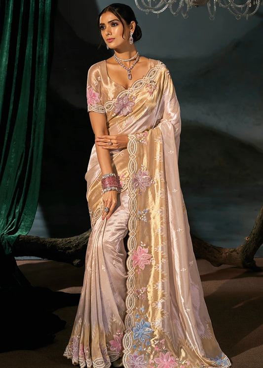 Cream & Golden Kanjivaram Silk Embroidered Saree
