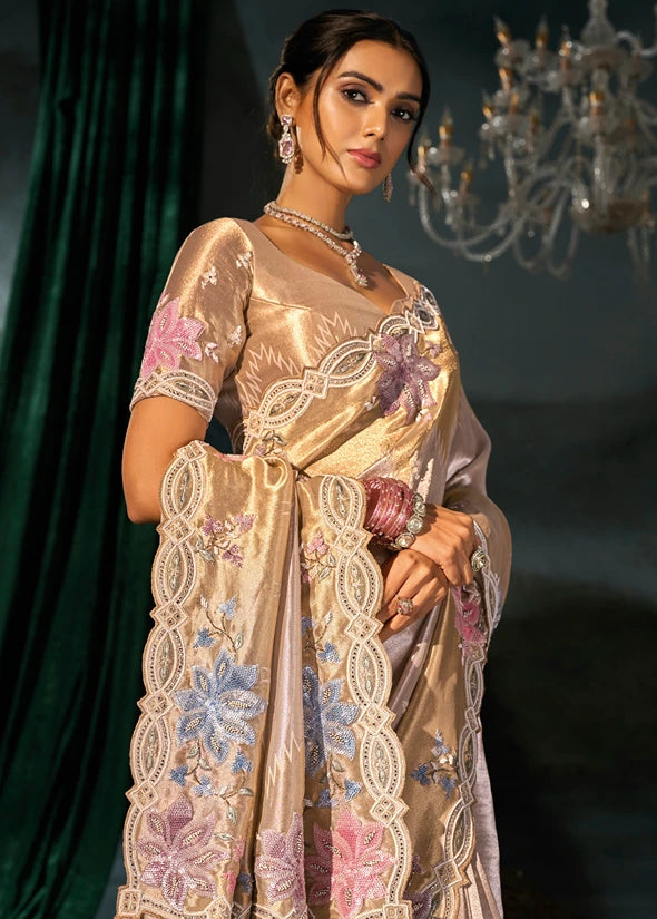 Cream & Golden Kanjivaram Silk Embroidered Saree