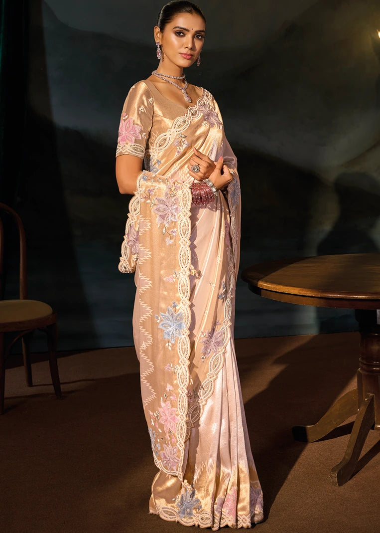 Cream & Golden Kanjivaram Silk Embroidered Saree