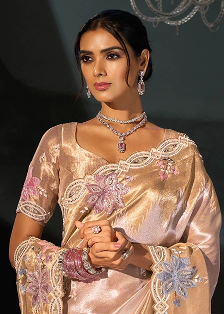 Cream & Golden Kanjivaram Silk Embroidered Saree