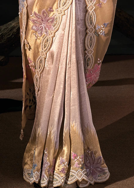 Cream & Golden Kanjivaram Silk Embroidered Saree