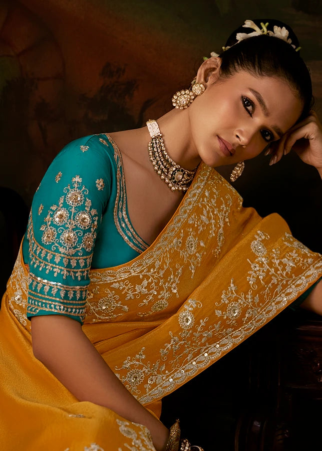 Pure Tissue Silk Yellow Embroidered Saree With Blue Blouse