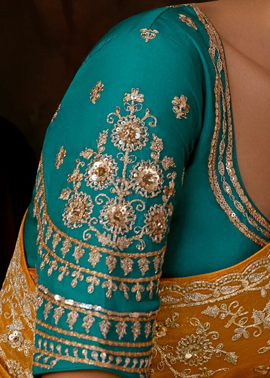 Pure Tissue Silk Yellow Embroidered Saree With Blue Blouse
