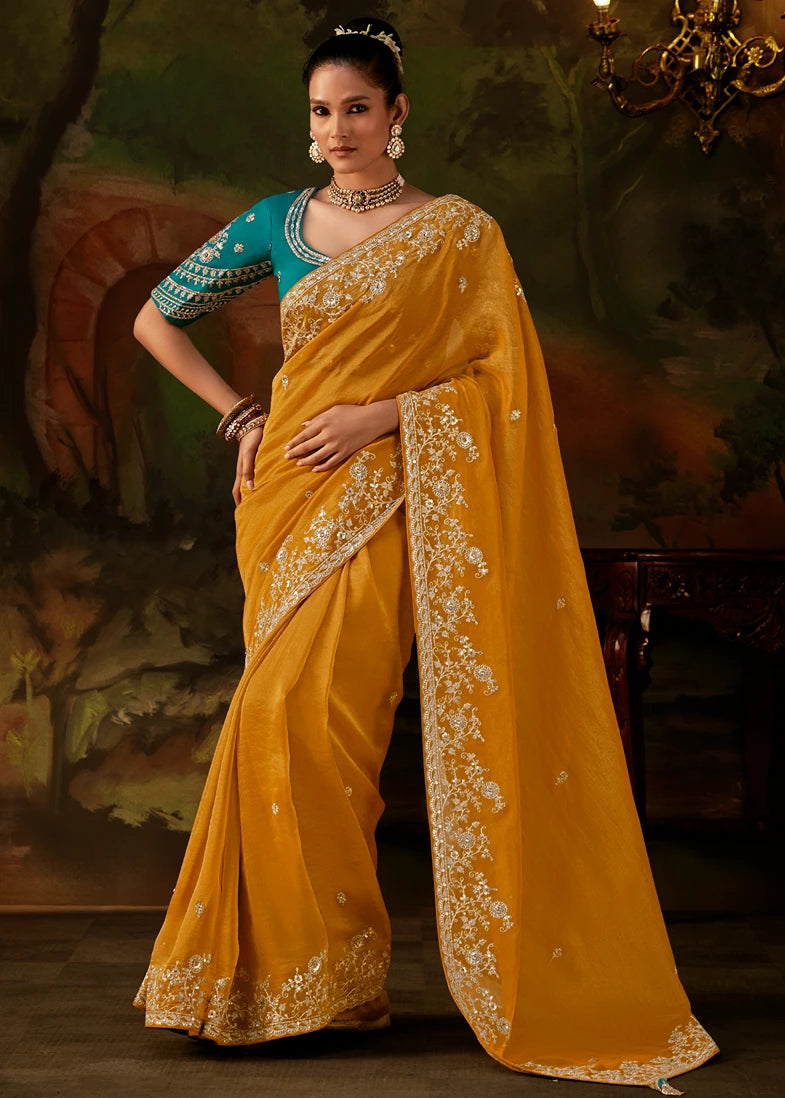 Pure Tissue Silk Yellow Embroidered Saree With Blue Blouse
