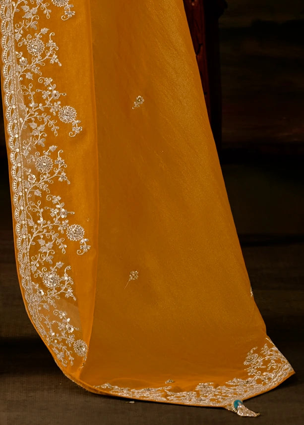 Pure Tissue Silk Yellow Embroidered Saree With Blue Blouse