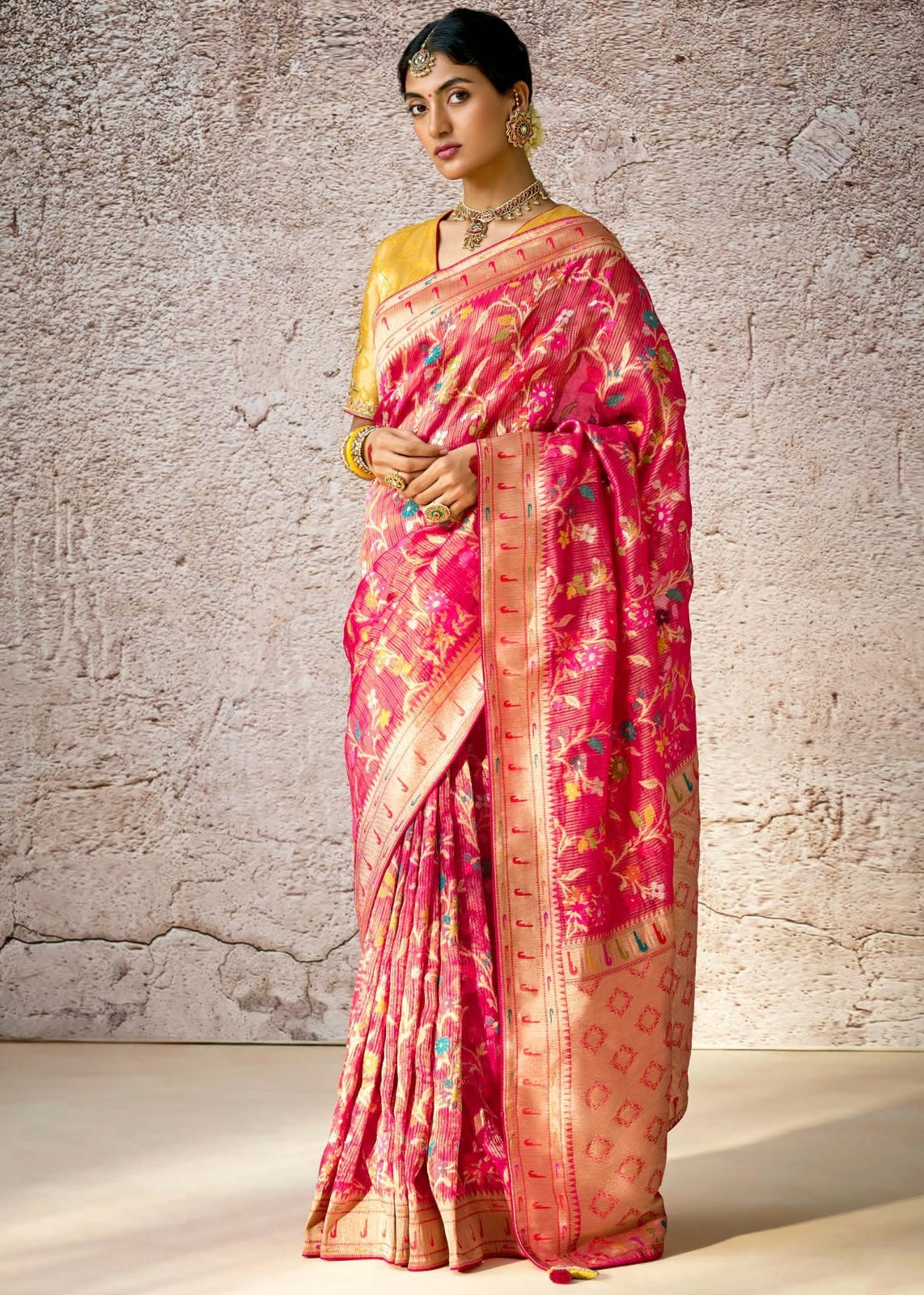 Kora Banarasi Silk Pink Handloom Saree With Embroidered Blouse