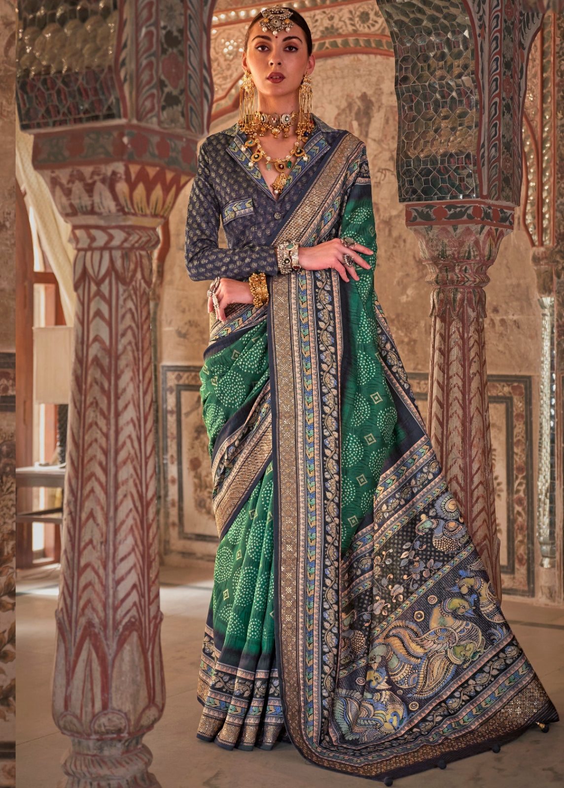 Green Kalamkari Bandhani Fusion Silk Saree With Stud Work