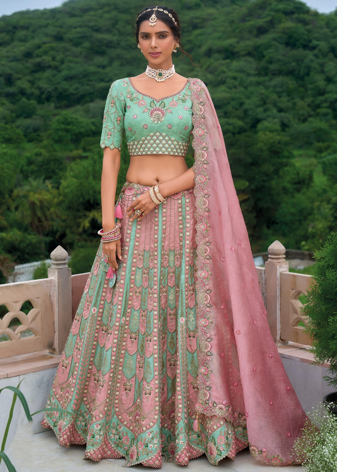 Pastel Blue and Pastel Pink Banarasi Silk Lehenga Choli