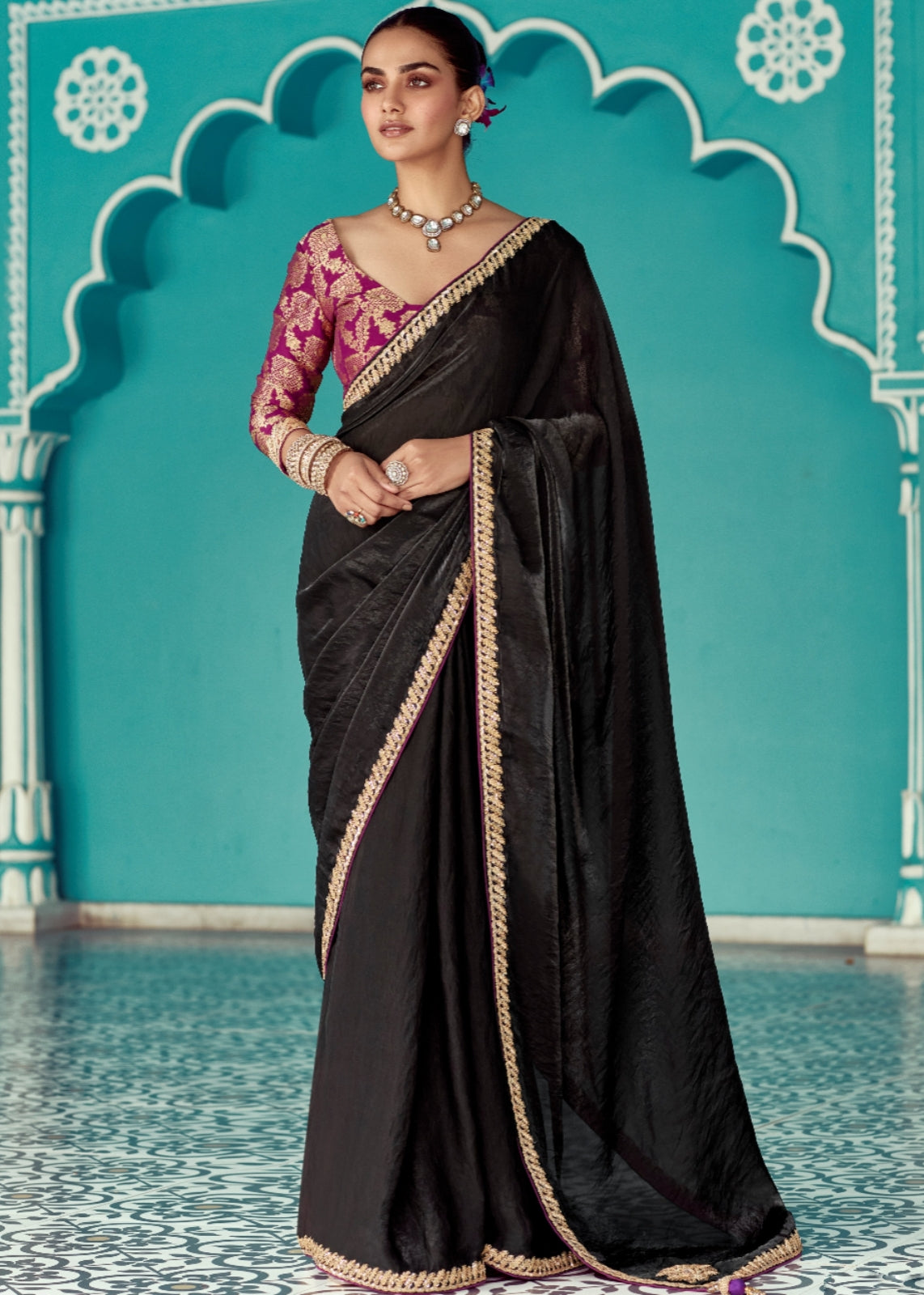 Crushed Tissue Silk Black Embroidered Saree With Contrast Pink Banarasi Blouse