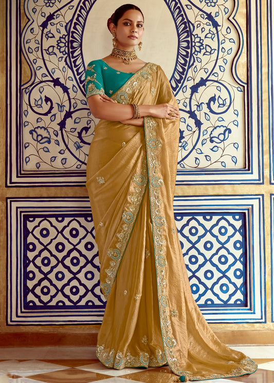 Golden Organza Tissue Silk Embroidered Saree With Contrast Blue Blouse