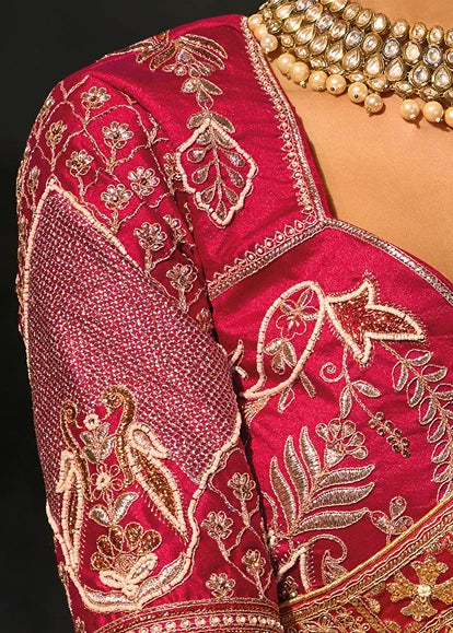 Mustard Yellow Kanjivaram Silk Embroidered Saree & Red Blouse