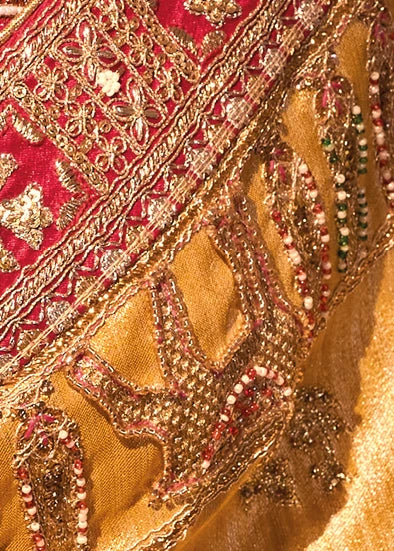 Mustard Yellow Kanjivaram Silk Embroidered Saree & Red Blouse
