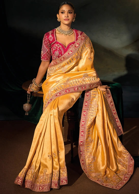 Mustard Yellow Kanjivaram Silk Embroidered Saree & Red Blouse