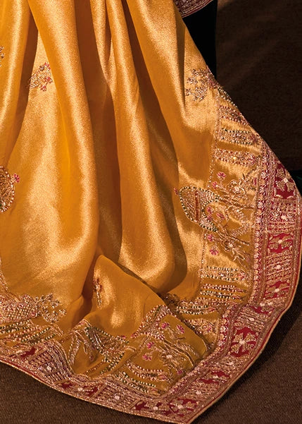 Mustard Yellow Kanjivaram Silk Embroidered Saree & Red Blouse