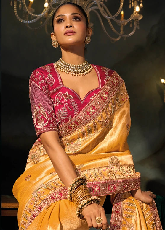 Mustard Yellow Kanjivaram Silk Embroidered Saree & Red Blouse