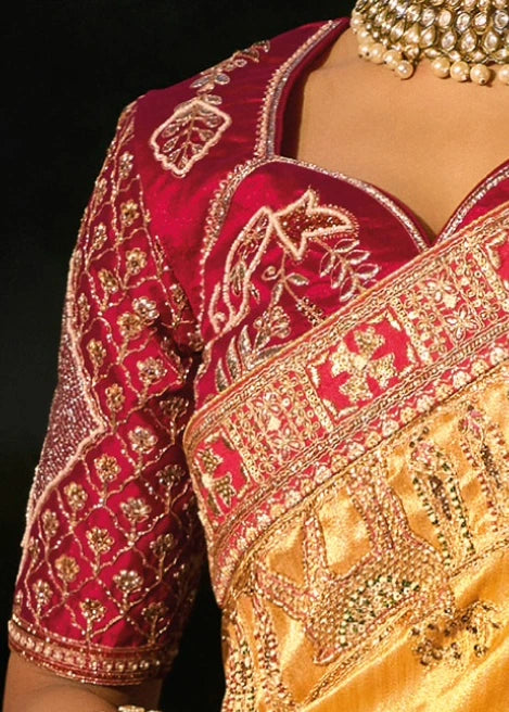 Mustard Yellow Kanjivaram Silk Embroidered Saree & Red Blouse