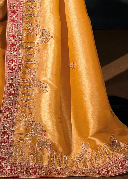 Mustard Yellow Kanjivaram Silk Embroidered Saree & Red Blouse