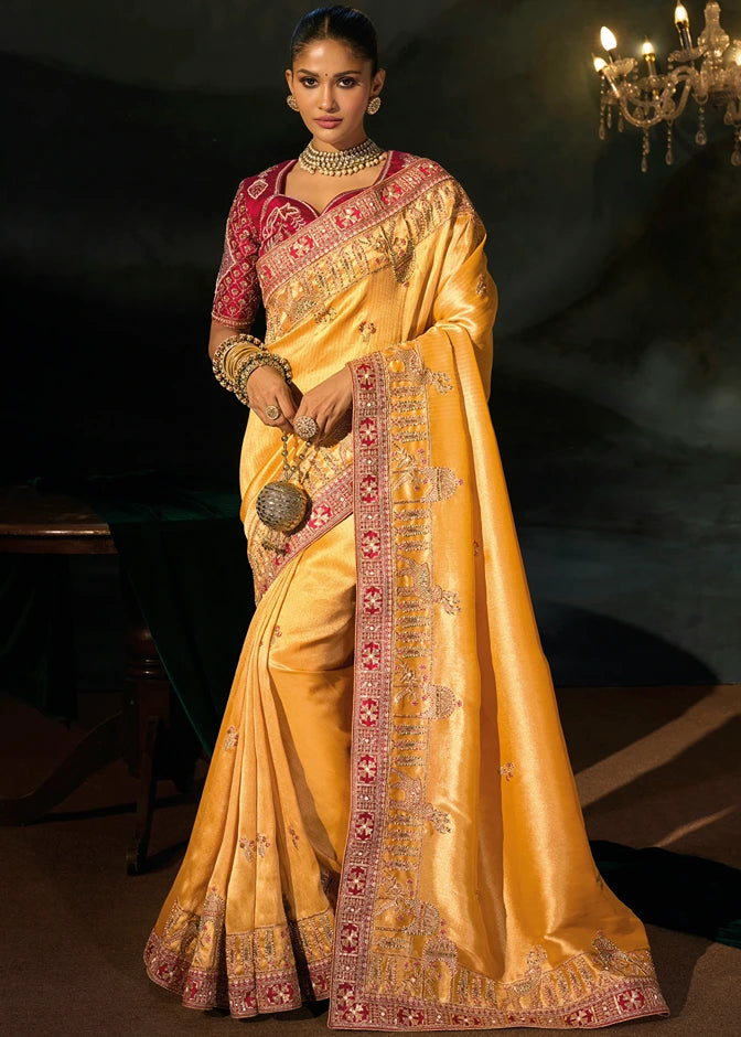 Mustard Yellow Kanjivaram Silk Embroidered Saree & Red Blouse