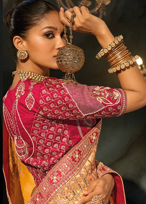 Mustard Yellow Kanjivaram Silk Embroidered Saree & Red Blouse