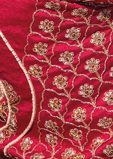Mustard Yellow Kanjivaram Silk Embroidered Saree & Red Blouse