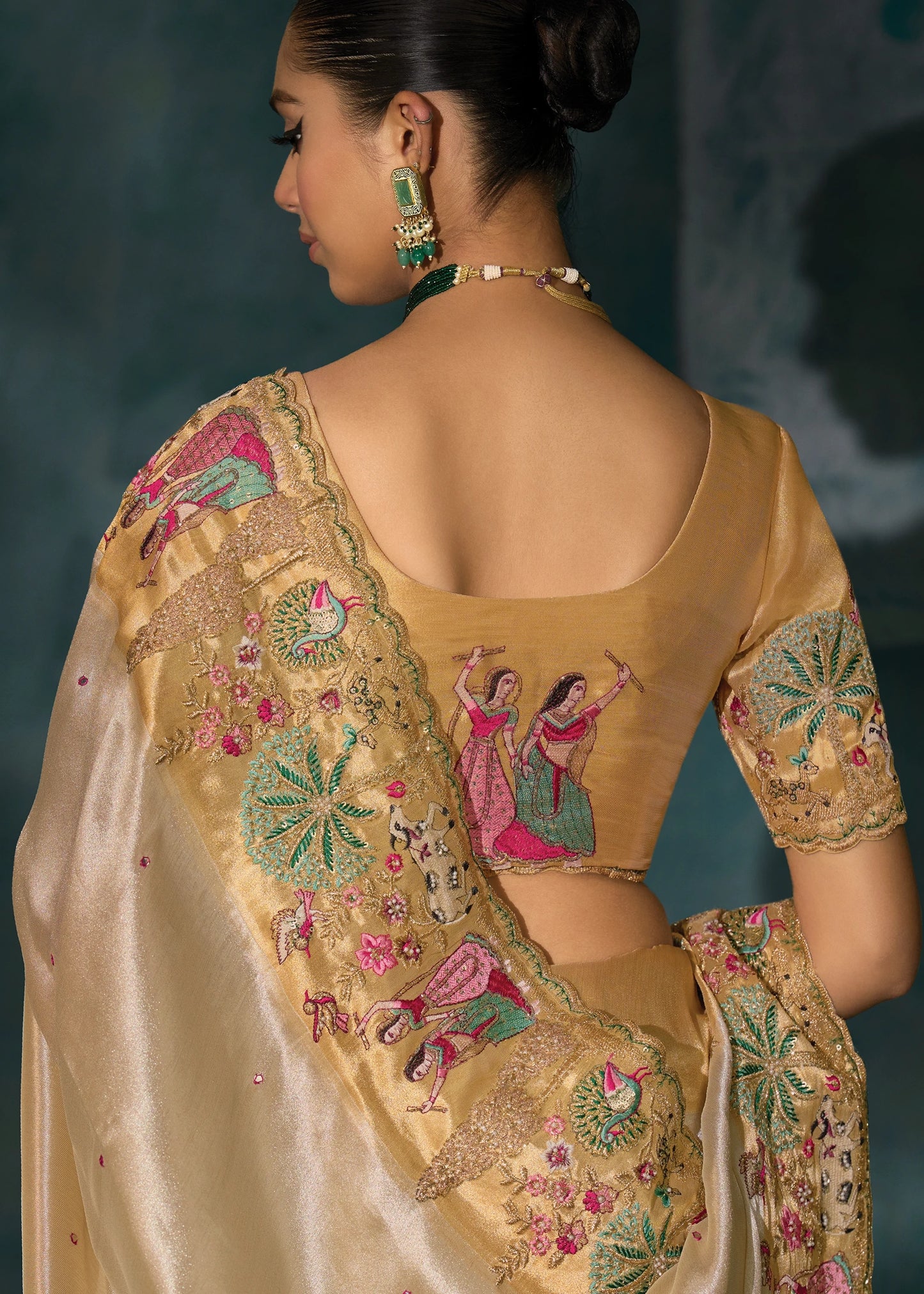 Cream & Golden Kanjivaram Silk Embroidered Bridal Saree