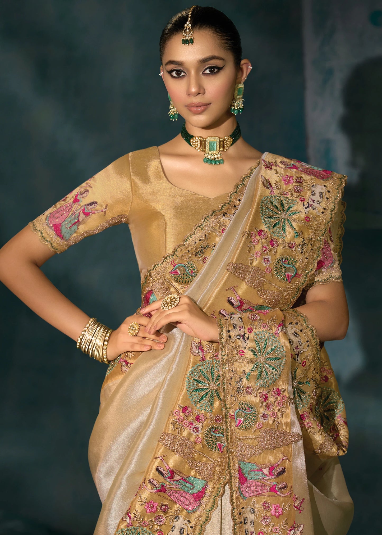Cream & Golden Kanjivaram Silk Embroidered Bridal Saree