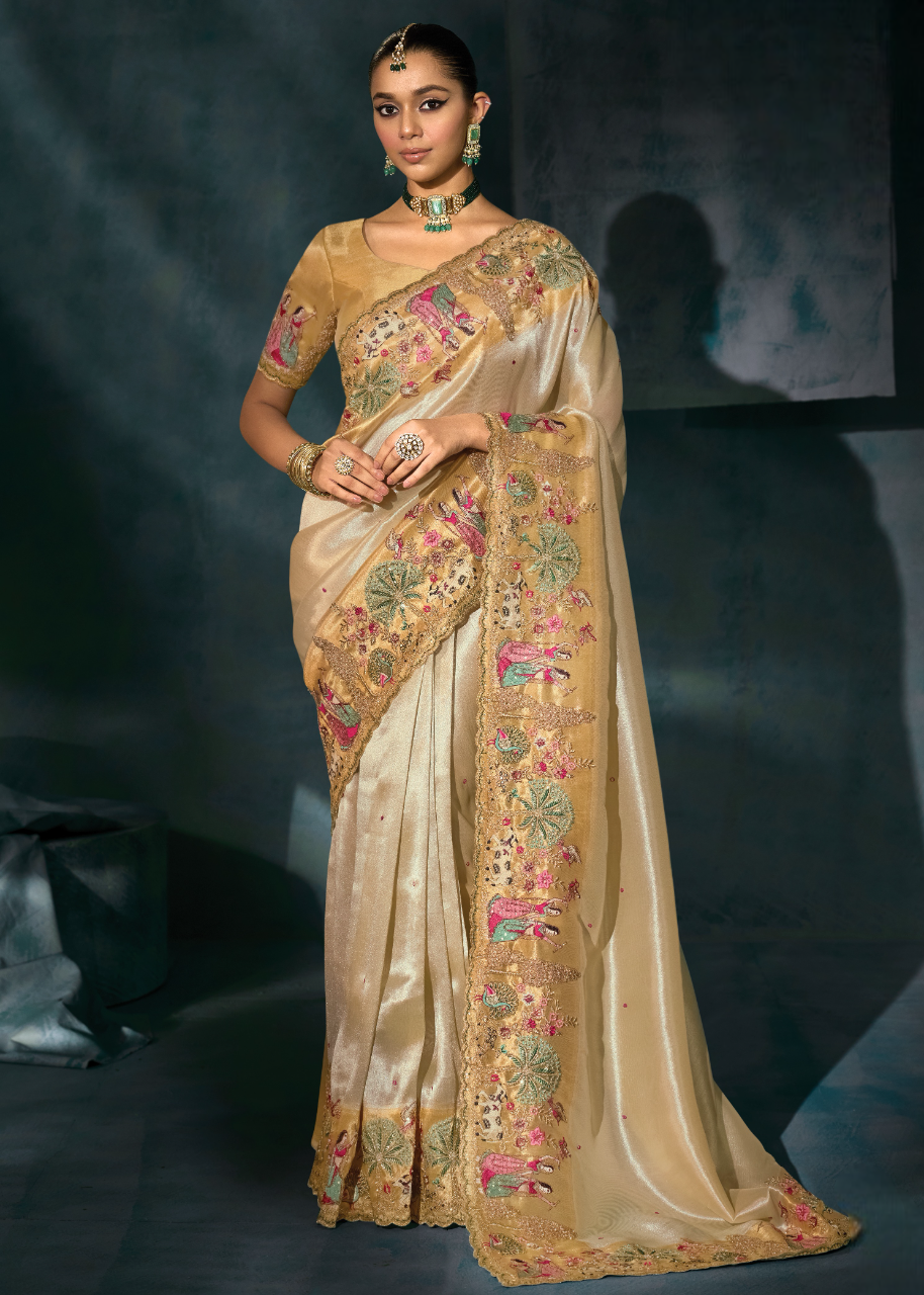 Cream & Golden Kanjivaram Silk Embroidered Bridal Saree