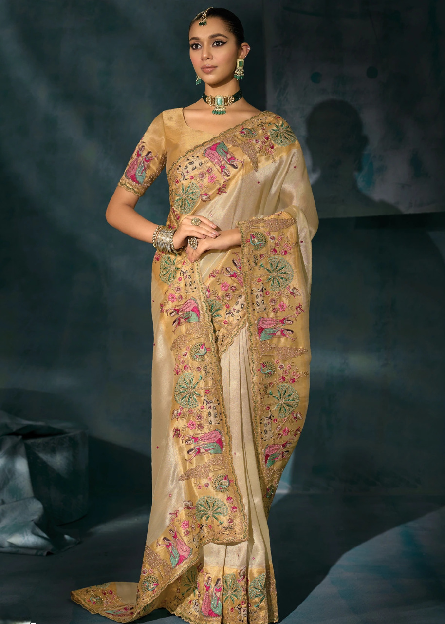 Cream & Golden Kanjivaram Silk Embroidered Bridal Saree