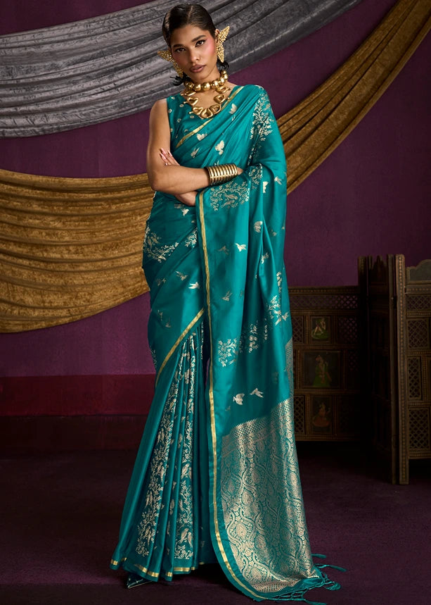 Zari Weaving Pure Banarasi Satin Silk Teal Blue Saree