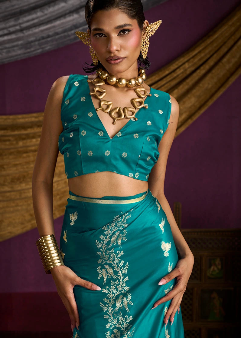 Zari Weaving Pure Banarasi Satin Silk Teal Blue Saree