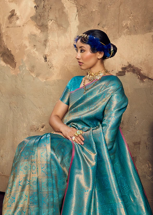 Turquoise Blue Banarasi Silk Saree