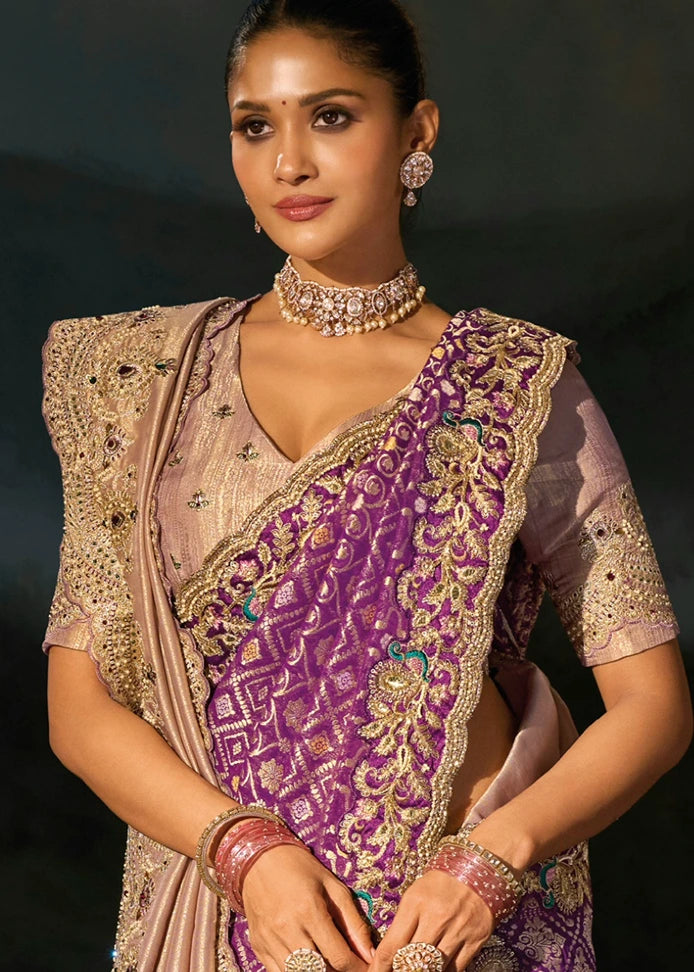 Rose Gold Kanjivaram Silk Embroidered Saree With Dupatta