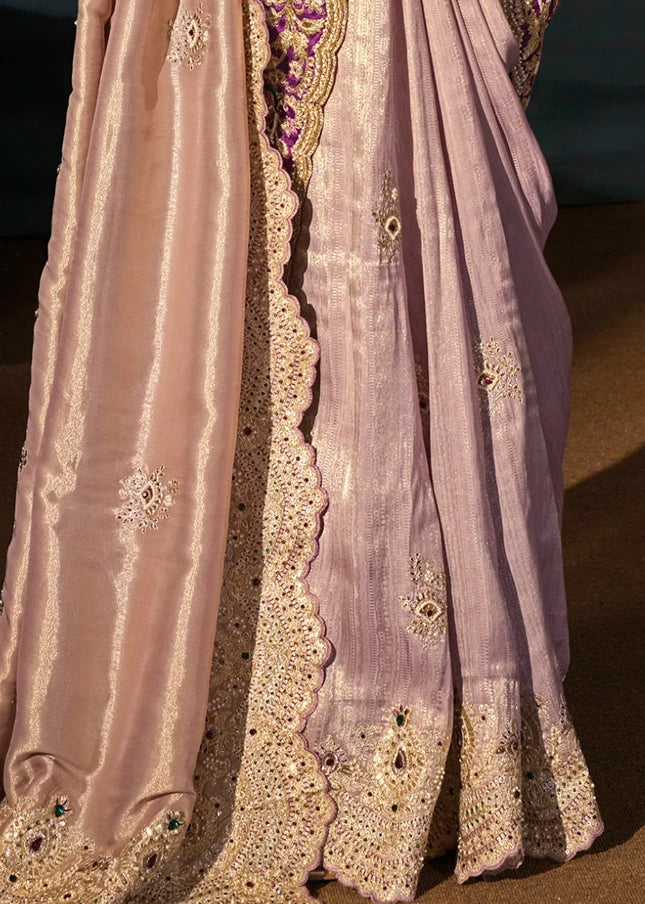 Rose Gold Kanjivaram Silk Embroidered Saree With Dupatta