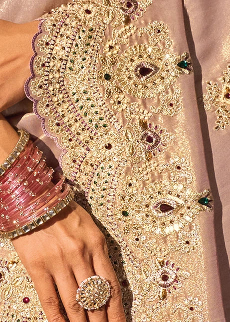 Rose Gold Kanjivaram Silk Embroidered Saree With Dupatta