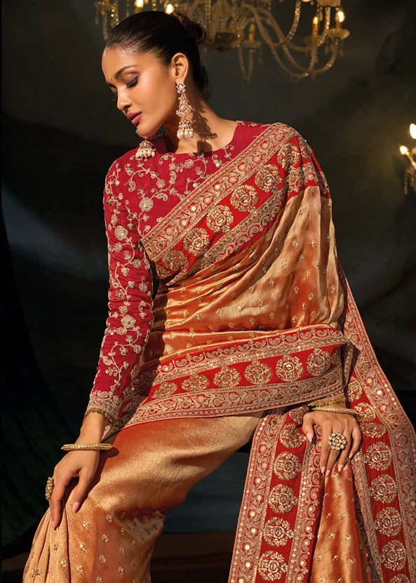 Rust Orange Kanjivaram Silk Embroidered Saree