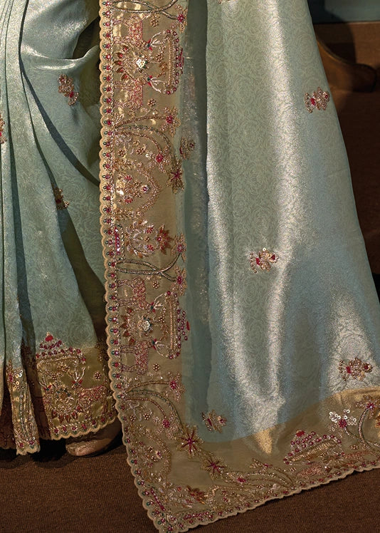 Pista Green Kanjivaram Silk Embroidered Saree