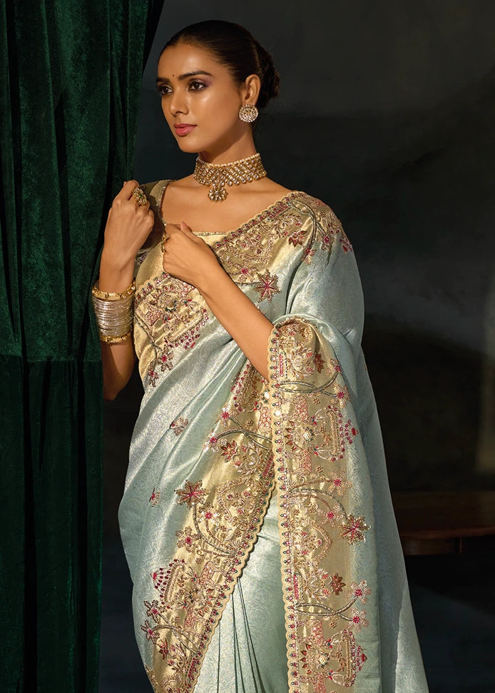 Pista Green Kanjivaram Silk Embroidered Saree