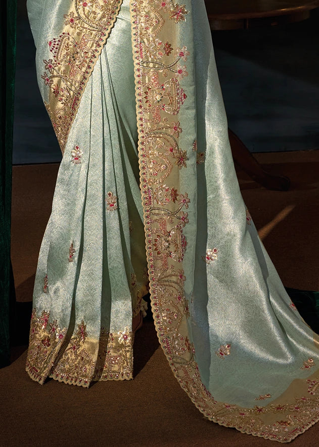 Pista Green Kanjivaram Silk Embroidered Saree