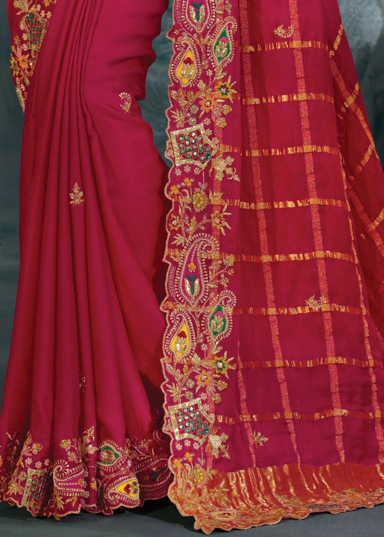 Rani Pink Banarasi Gajji Silk Embroidered Bridal Gharchola Saree