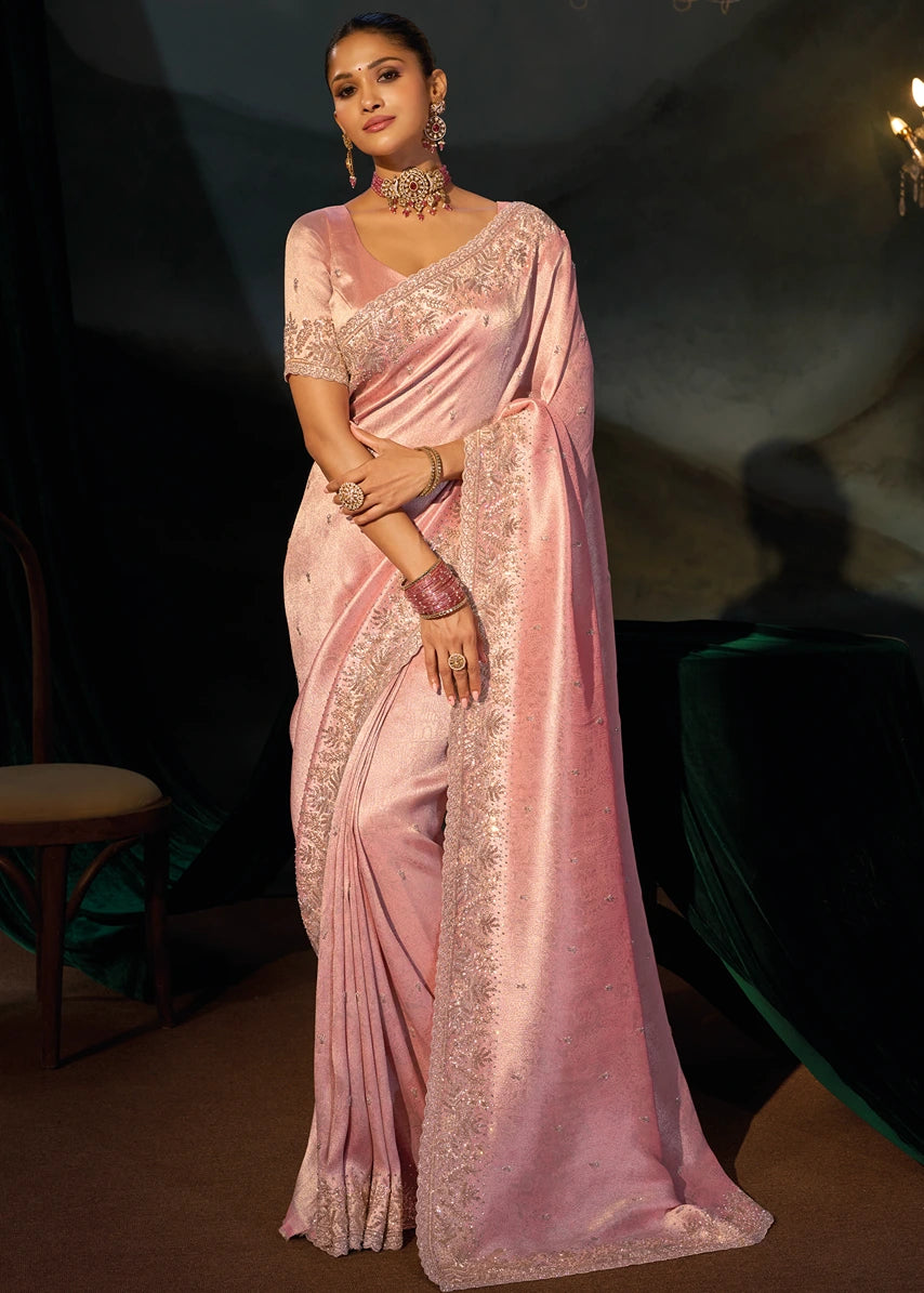 Pastel Pink Kanjivaram Silk Embroidered Saree