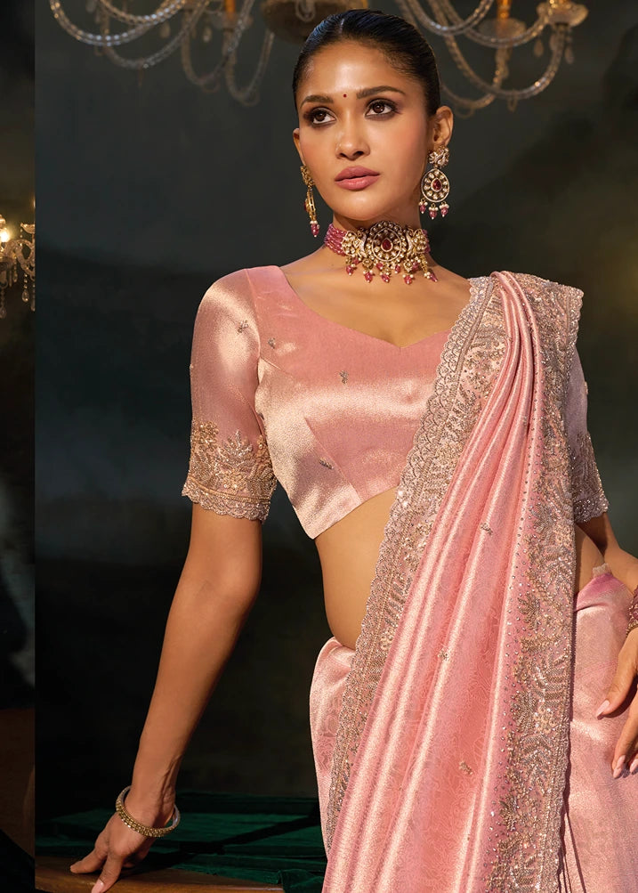 Pastel Pink Kanjivaram Silk Embroidered Saree