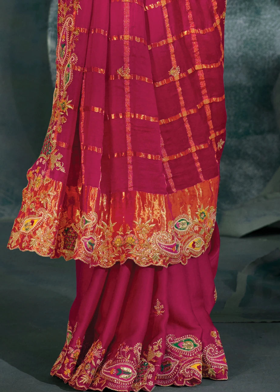 Rani Pink Banarasi Gajji Silk Embroidered Bridal Gharchola Saree