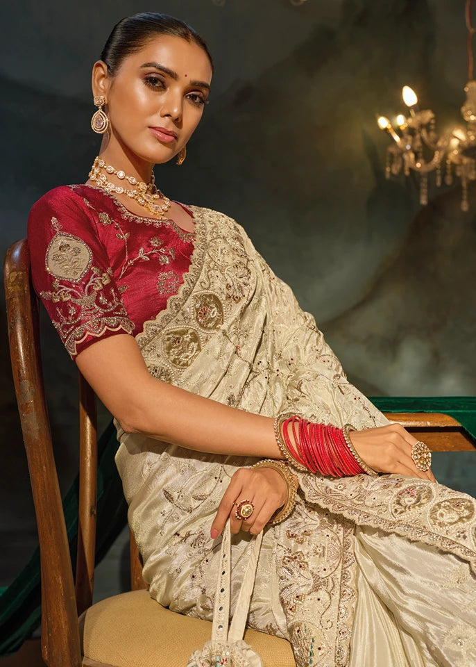 Ivory Cream Kanjivaram Silk Embroidered Saree